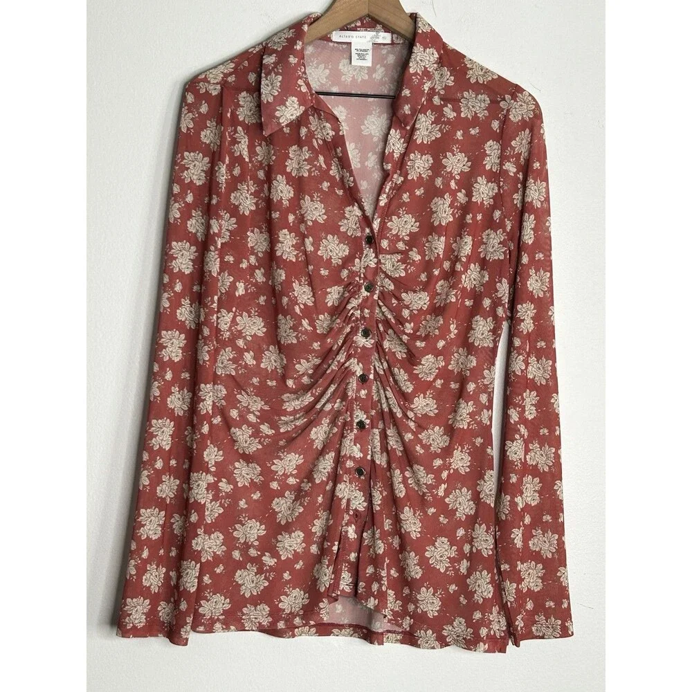 Altar'd State Floral Long Sleeve Blouse XXL Sheer Rouched Button Up Cottage Core - Picture 1 of 3